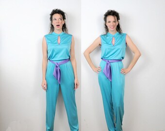 Turquoise Jumpsuit Teal Playsuit Purple Details Romper Small 1970s