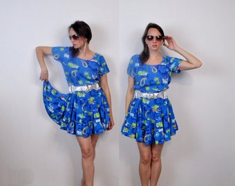 Blue Hawaiian Island Dress Wiggle Ruffle Lei Cruise Ship Small Medium