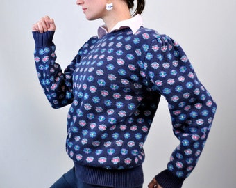 Blue Sweater, Northern Isles Knit Pink Intarsia Embroidered Medium