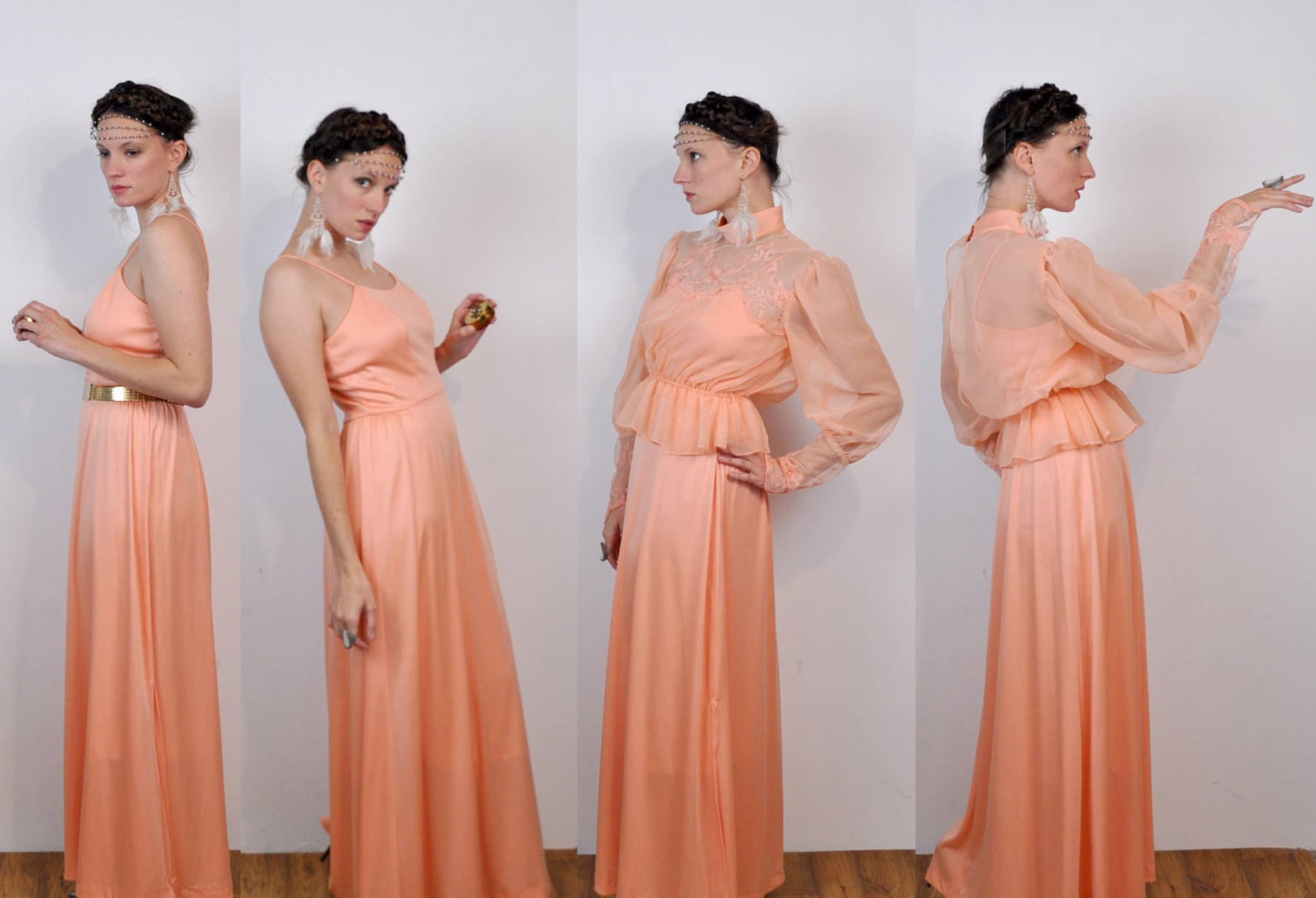 1970s vintage evening dress, peach blouson pleated jersey knit goddess gown