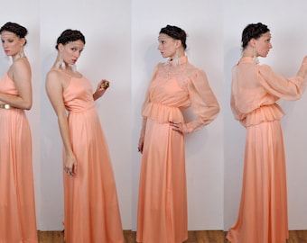 Peach Evening Gown with Removable Lace Top Maxi Dress 1970s Small