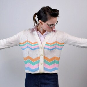 Zigzag White Cardigan, Patterns Orange Green Pink Small Medium Sweater image 2