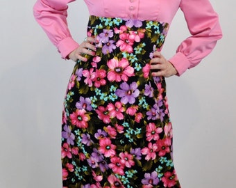 Unique Vintage Dress, Velvet Hot Pink Black Floral Medium