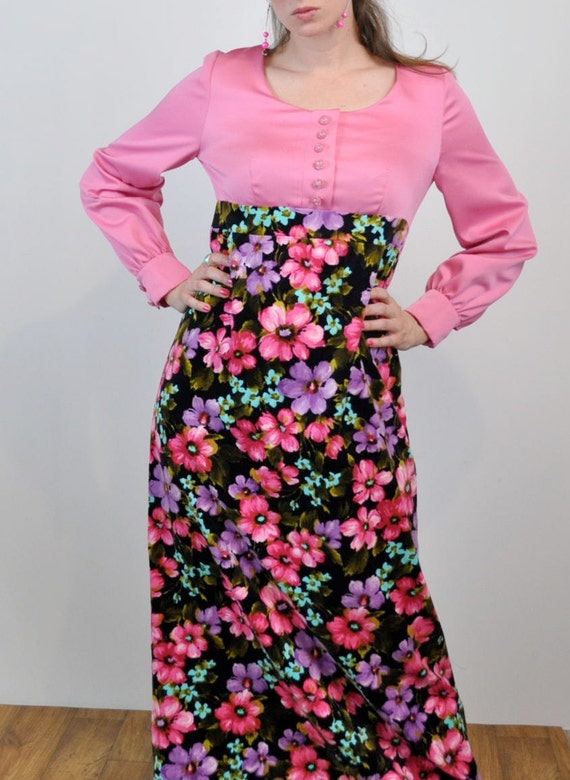 Unique Vintage Dress, Velvet Hot Pink Black Floral