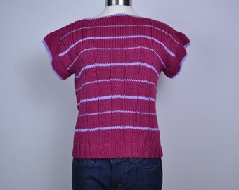 Magenta Short Sleeve Sweater, Purple Stripe Lavender Handmade OSFM