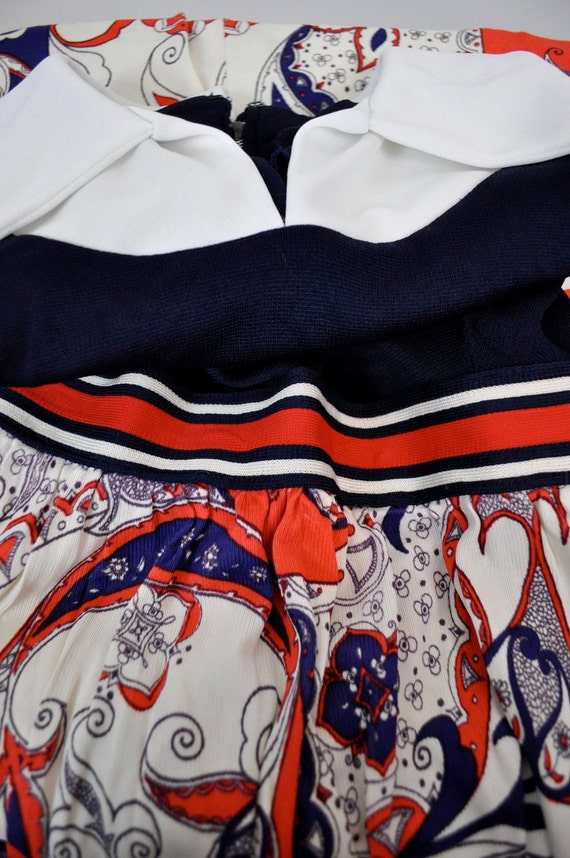 Red White and Navy Blue Dress 1970s Paisley Maxi … - image 4