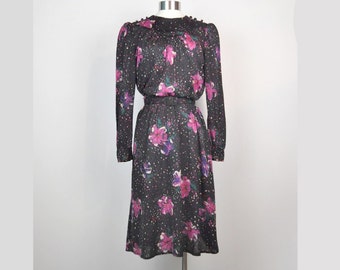 Moulin Rouge Floral Dress Black Pink Green Flowers Long Sleeve Belted Small Medium