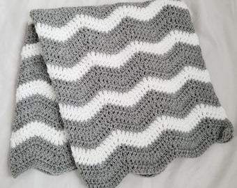Gray White Crochet Baby Blanket Afghan Throw - Handmade - 4 Sizes Available - Made to Order - Baby Gift