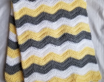 Yellow Gray White Crochet Baby Blanket Afghan Throw - Handmade - Ready to Ship - Baby Gift