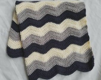 Navy Gray Cream Crochet Blanket Afghan Throw - Handmade - 10 Sizes Available - Made to Order