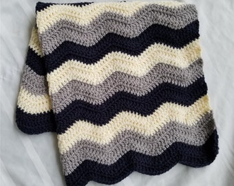 Navy Gray Cream Baby Boy Crochet Blanket Afghan Throw - Ready to Ship