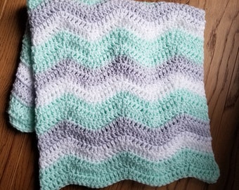 Mint Green Gray White Crochet Baby Blanket Afghan Throw - Handmade - 4 Sizes Available - Made to Order - Baby Gift