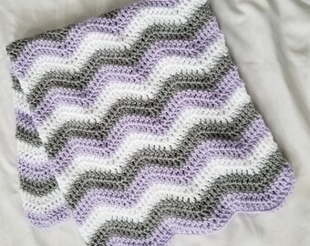 Purple Gray White Crochet Baby Blanket Afghan Throw - Handmade - 4 Sizes Available - Made to Order - Baby Gift