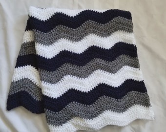 Navy Gray White Crochet Baby Blanket Afghan Throw - Handmade - Ready to Ship - Baby Gift