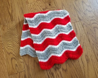 Red Gray White Crochet Baby Blanket Afghan Throw - Handmade - 4 Sizes Available - Made to Order - Baby Gift