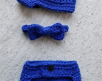 Crochet Newborn Diaper Cover Hat Bow Tie - Photo Prop - Handmade - Made to Order - Baby Gift