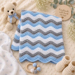 Blue Grey White Crochet Baby Blanket: Chevron Afghan