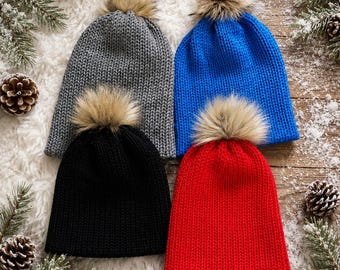 Womens Knit Winter Hat, Faux Fur Pompom