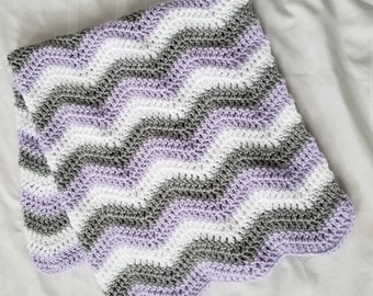 Purple Gray White Crochet Blanket Afghan Throw - Handmade - 10 Sizes Available - Made to Order