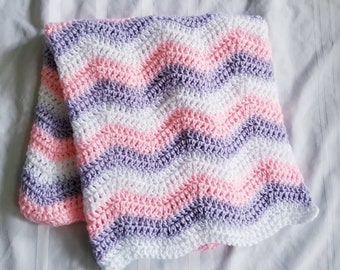 Pink Purple White Crochet Baby Blanket Afghan Throw - Handmade - 4 Sizes Available - Made to Order - Baby Gift