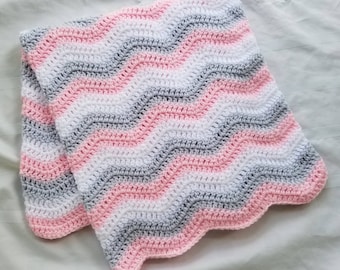 Pink Gray White Crochet Baby Blanket Afghan Throw - Handmade - 4 Sizes Available - Made to Order - Baby Gift