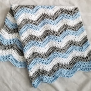 Handmade Crochet Baby Blanket: Blue Gray White Chevron Afghan