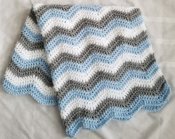 Blue Gray White Crochet Baby Blanket Afghan Throw - Handmade - 4 Sizes Available - Made to Order - Baby Gift