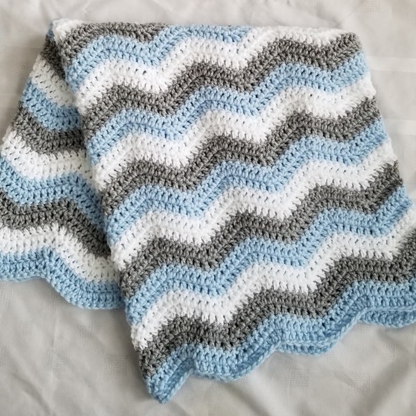 Blue Gray White Crochet Baby Blanket Afghan Throw - Handmade - 4 Sizes Available - Made to Order - Baby Gift