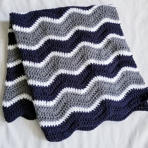 Handmade Crochet Baby Blanket: Navy, Gray & White Chevron Afghan