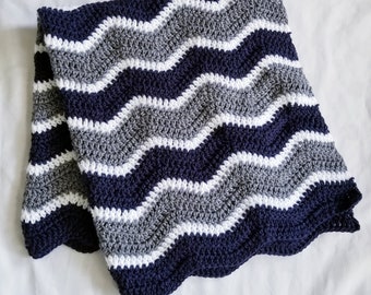 Navy Blue Gray White Crochet Blanket Afghan Throw - Handmade - 10 Sizes Available - Made to Order