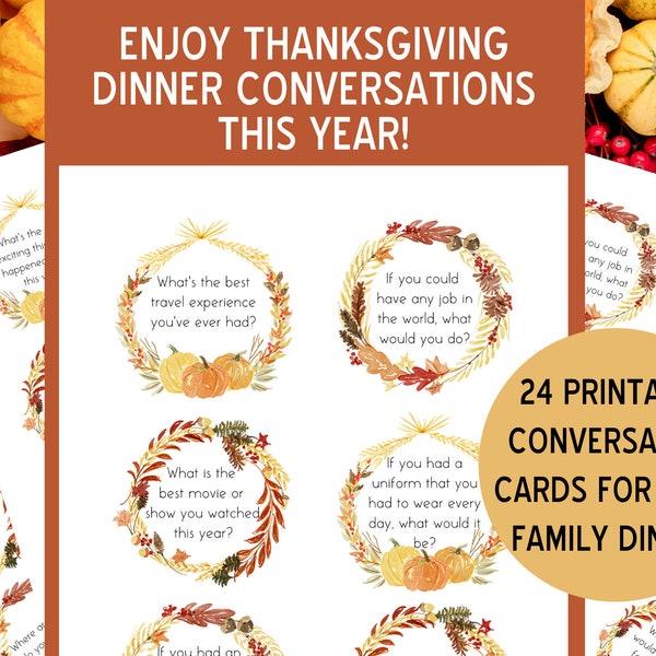 Thanksgiving Dinner Conversation Starter, 24 Questions for Family Conversation at Thanksgiving Table, Family Dinner Talk Conversation Cards