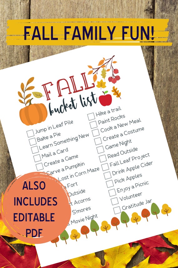 Printable Fall Bucket List EDITABLE PDF  Digital Download of