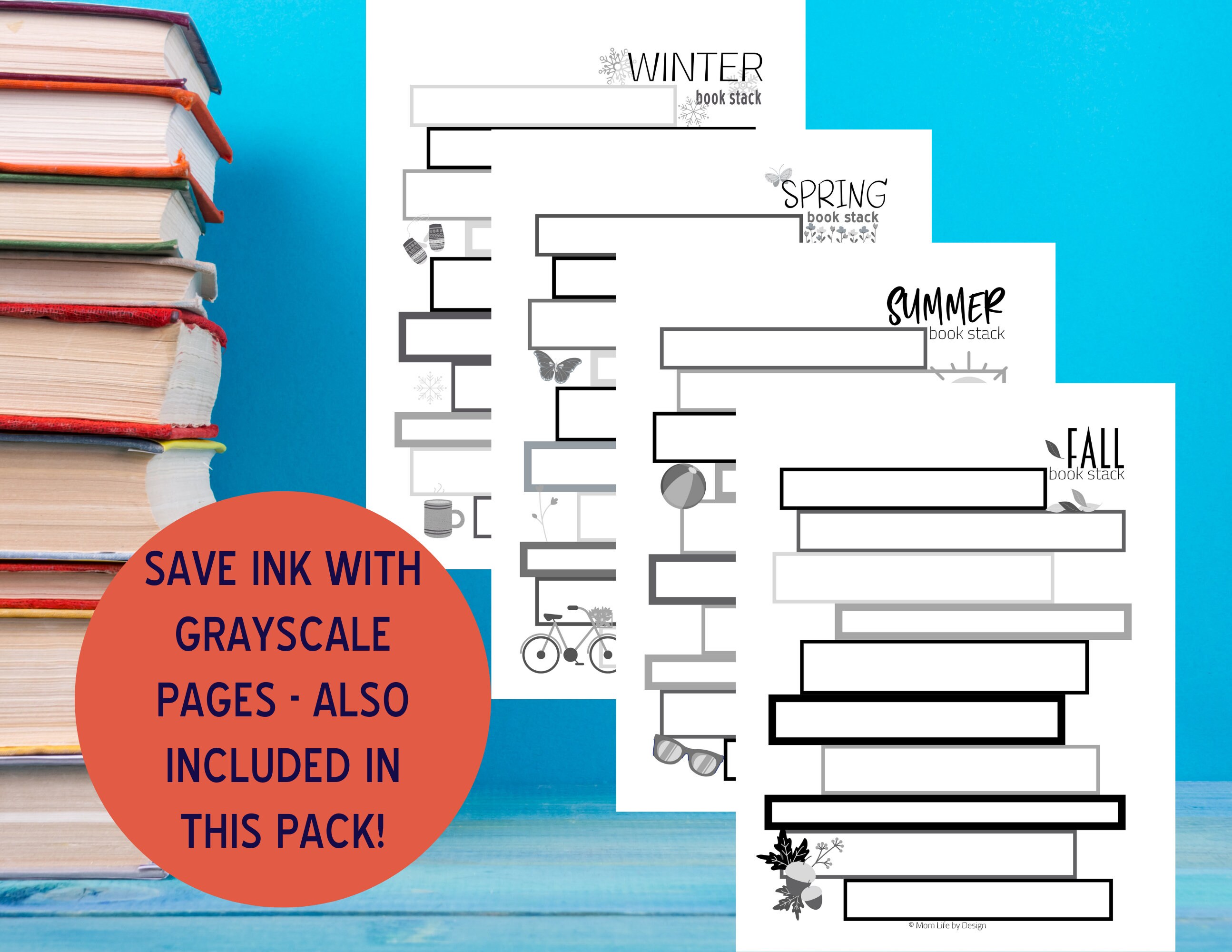 Printable Book Stack Reading Log Bundle, Winter, Spring, Summer, Fall ...