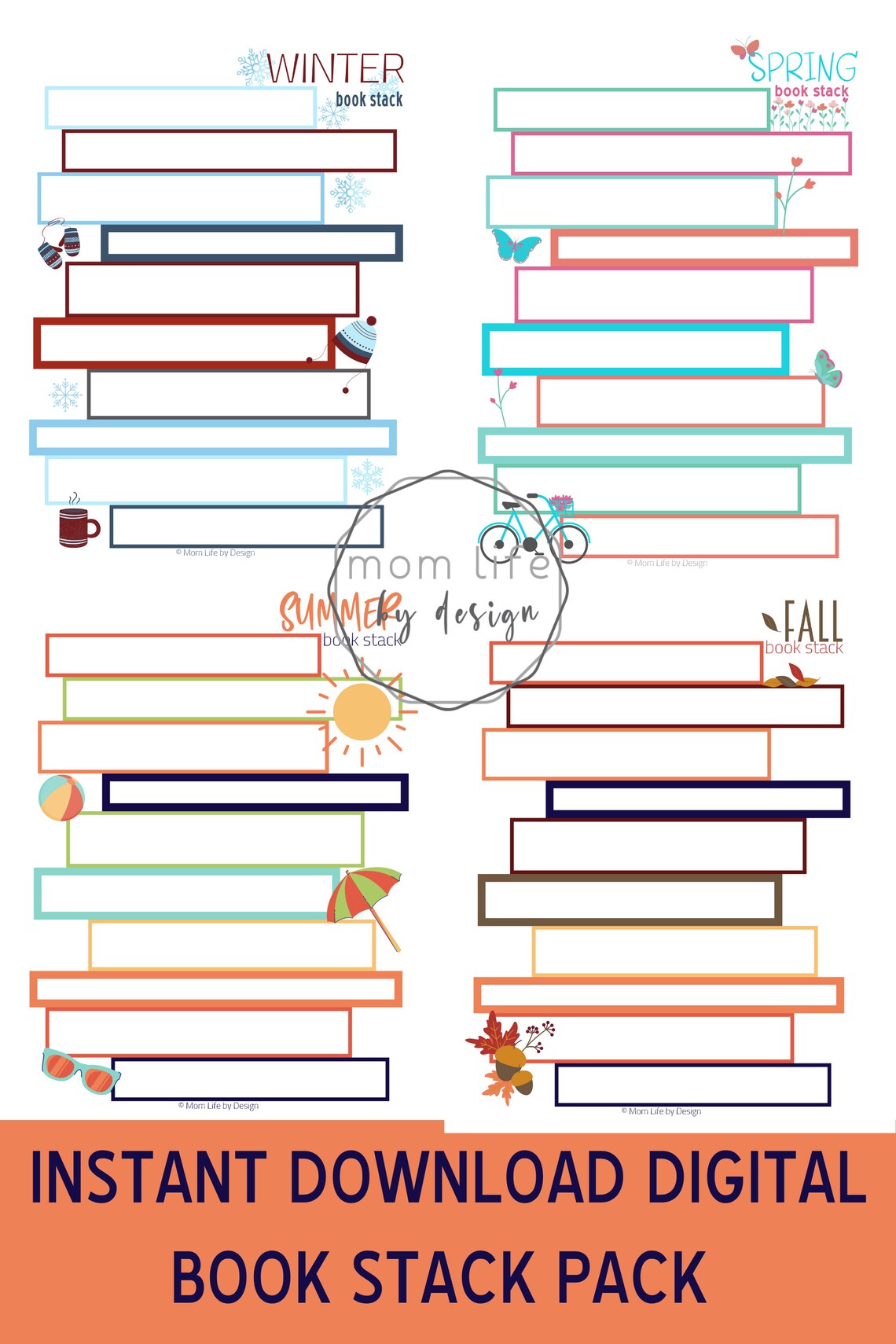 Printable Book Stack Reading Log Bundle, Winter, Spring, Summer, Fall ...