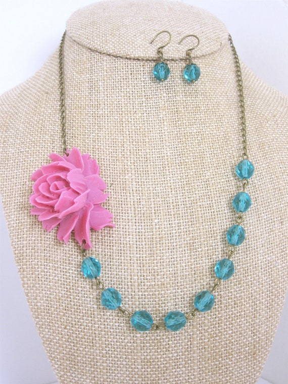 Flower Necklace Pink Necklace Teal Necklace Pink and Teal Etsy