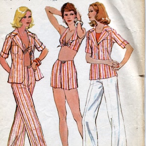 May include: Three women wearing striped trousers and tops. The woman on the left is wearing a long-sleeved jacket and trousers. The woman in the middle is wearing a short-sleeved top and shorts. The woman on the right is wearing a long-sleeved jacket and trousers.