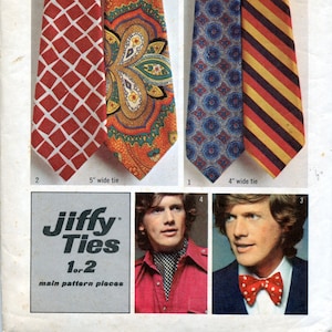 May include: A Simplicity sewing pattern for making ties. The pattern includes four different tie designs: a red and white diamond pattern, a paisley pattern, a blue and white floral pattern, and a red, yellow, and black striped pattern. The pattern is for one size and includes instructions for making ties that are 4 inches wide and 5 inches wide. The pattern also includes a picture of a man wearing a tie.