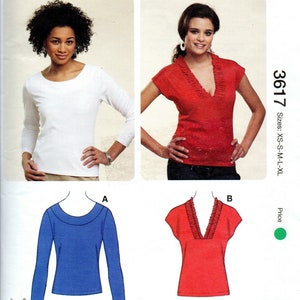 May include: Sewing pattern for two tops, one with a scoop neck and long sleeves, and the other with a V-neck and short sleeves. The pattern is from Kwik Sew and is for sizes XS-S-M-L-XL. The pattern number is 3617.