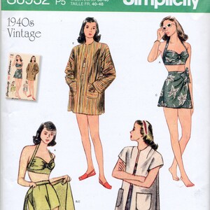 Peut inclure: Patron de couture vintage Simplicity S8932 pour un maillot de bain style années 1940 avec une jupe portefeuille et une veste assortie. Le patron comprend les tailles US 12-20, Euro 38-46 et Française 40-48.