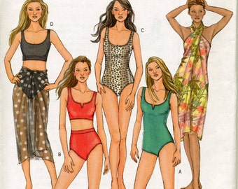 Misses&#39; Swimsuit in Two Versions, and Wrap Sewing Pattern - Butterick 4526 - Sizes 6, 8, 10, 12 - UNCUT