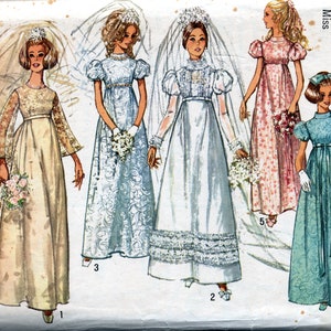 May include: A sewing pattern for four different styles of wedding dresses. The pattern is for size 10, bust 32 1/2 inches, and is for a miss. The dresses are all long and have different necklines and sleeves. The pattern is from Simplicity and is number 3589.