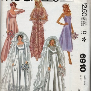 May include: A vintage McCall's sewing pattern for a wedding dress. The pattern is for a size 6, bust 30 1/2 inches. The pattern shows four different styles of wedding dresses, including a long-sleeved dress with a lace trim, a dress with a cape, and a simple sleeveless dress.