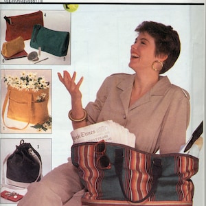 May include: A sewing pattern for making different types of bags. The pattern includes instructions for a tote bag, a drawstring bag, and a small pouch. The pattern is from Simplicity Crafts and has the number 8657 on it.