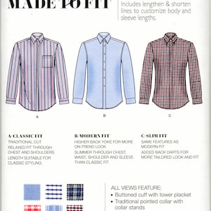 Può includere: Modello Simplicity 8753 per camicie, con vestibilità classica, moderna e slim. Il modello include opzioni per polsini con bottoni, colletti tradizionali e stecche per colletto. L'immagine mostra modelli di camicie a righe e quadri.