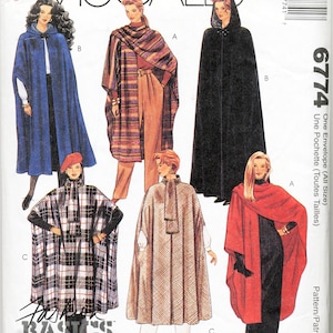 May include: A sewing pattern for four different styles of capes. The pattern is called "Easy McCall's Fashion Basics" and the pattern number is 6774. The pattern is for one envelope and includes all sizes. The capes are shown in blue, plaid, tan, and red.