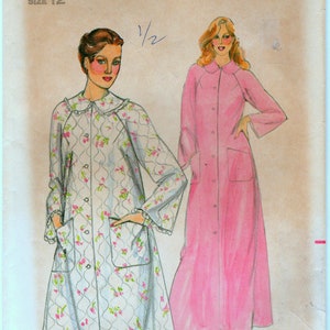 May include: A sewing pattern for a long, button-front robe with a collar. The pattern is for size 12 and is called Butterick 4025. The pattern is for a "Fast & Easy" project.