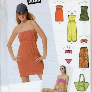 Junior & Misses&#39; Beach Cover-Ups, Pants, Tote Bag and Knit Two-Piece Swimsuit - Simplicity 5008 - Sizes 7/8, 9/10, 11/12, 13/14, 15/16-UNCUT