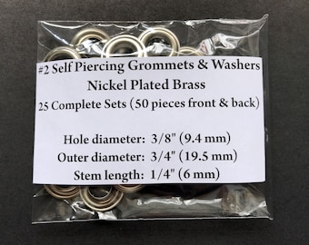 25 Complete Sets Nickel Plated Brass #2 (3/8&quot;) Self-piercing Grommets & Washers - 50 Pieces Total