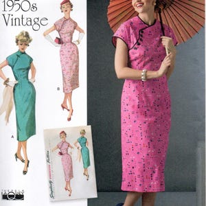 May include: Simplicity pattern 8244, featuring vintage 1950s dress designs. The image showcases a woman in a pink dress with black trim, holding an orange parasol. The pattern includes sizes U.S. 6-14 and Euro 32-40.