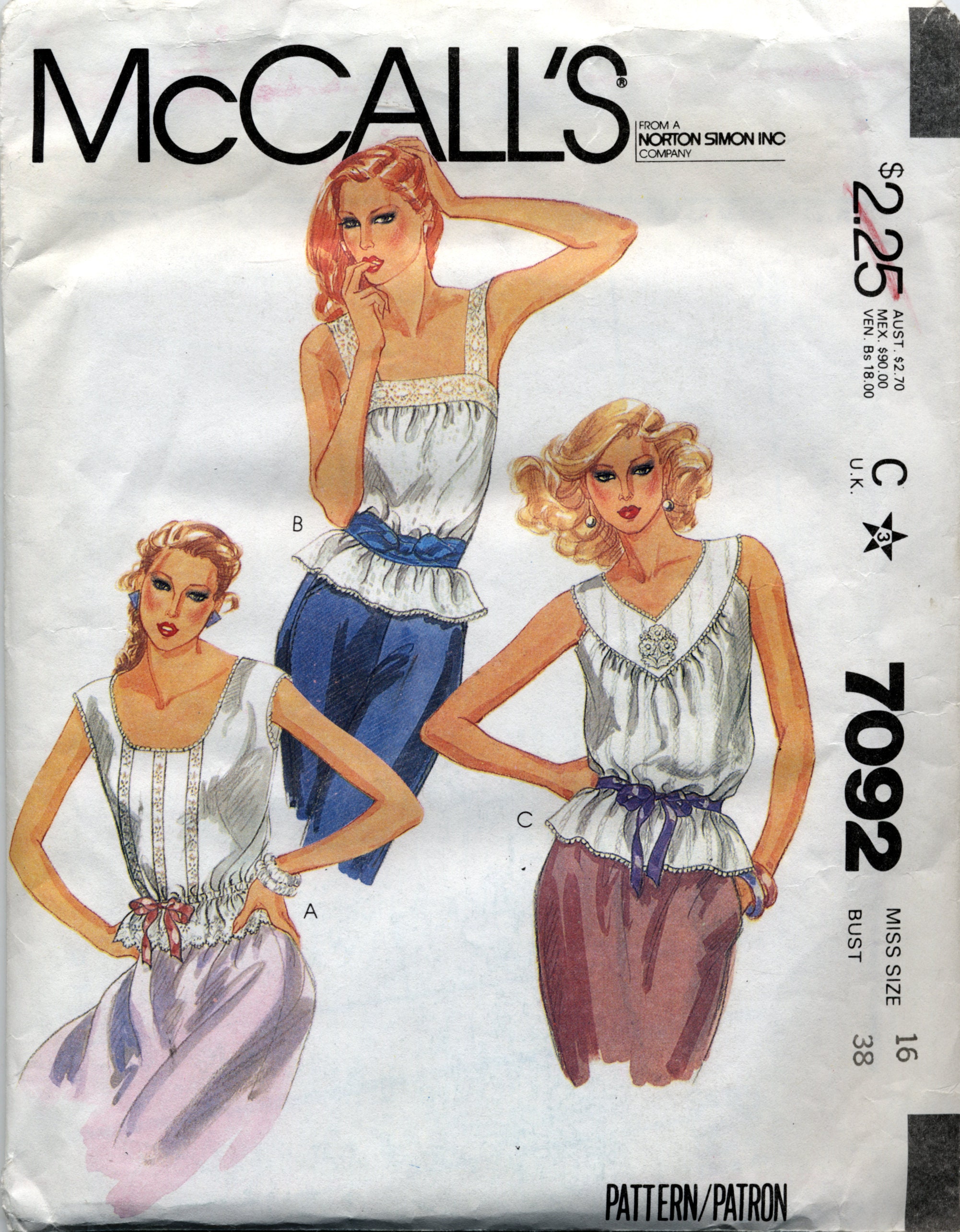 Misses' Sleeveless Pullover Tops In Three Styles Sewing Pattern - McCall's 7092 - Size 16 - UNCUT